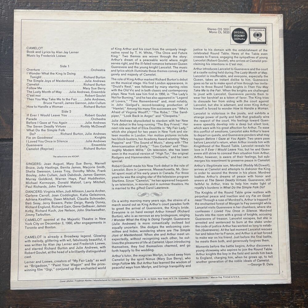 CAMELOT Vinyl LP Record VTG 1967 Original Broadway Cast Recording Burton Andrews - Picture 2 of 9
